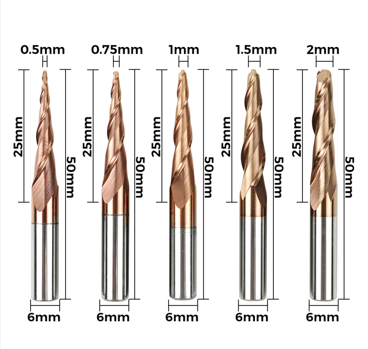 Twotrees 6-shank taper ball end double-edged spiral milling cutter