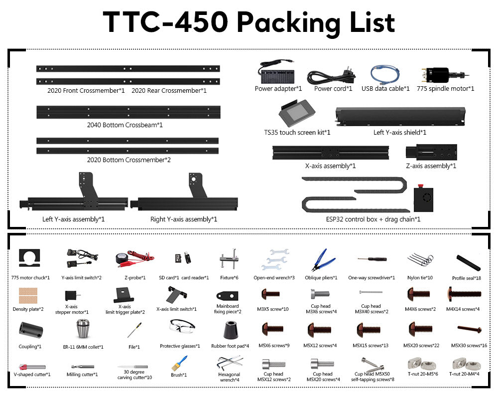 Twotrees TTC450 CNC Router Machine + 20W Laser Module + 500W Motor + 4th Axis Module + Vacuum Cleaner +End Mills - TwoTrees Official Shop